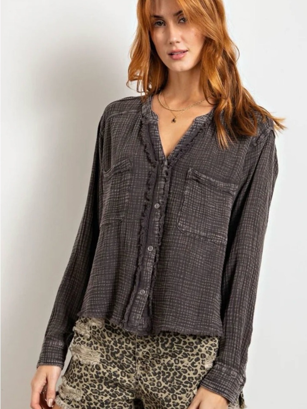easel Charcoal Ruffle-Trim Button Down Shirt